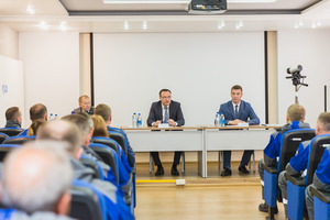 Начальник Переславского ЛПУМГ Андрей Юльевич Попов, генеральный директор ООО «Газпром трансгаз Ухта» Андрей Дмитриевич Баранов, председатель ОППО «Газпром трансгаз Ухта профсоюз» Владимир Владимирович Половников, 28 июня 2023 год, г. Переславль-Залесский (Ярославская область).